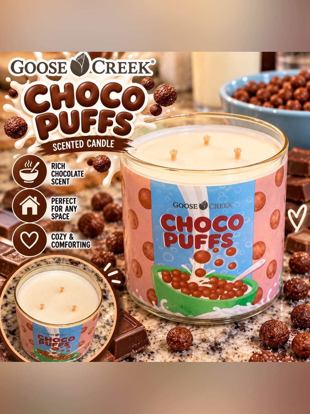 Goose Creek Choco Puffs Scented Jar Candle - Pink & Blue NEW
